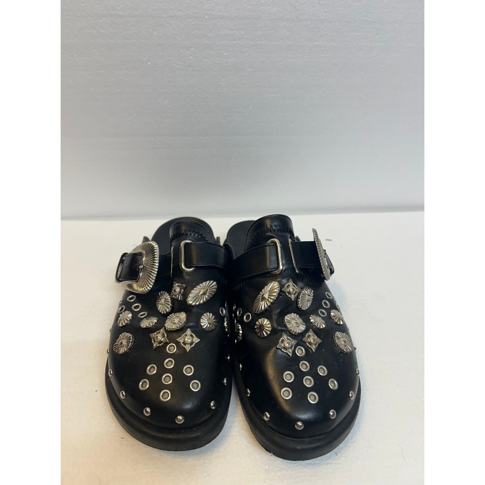Black Western Studded Leather Clogs Silver Buckle Lug Sole Mules Size 41